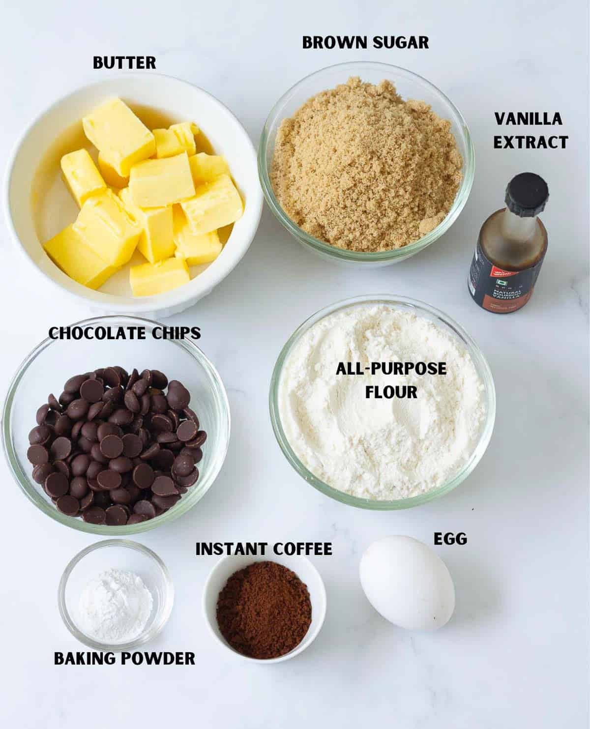 Labelled ingredients for making chocolate chip coffee blondies.