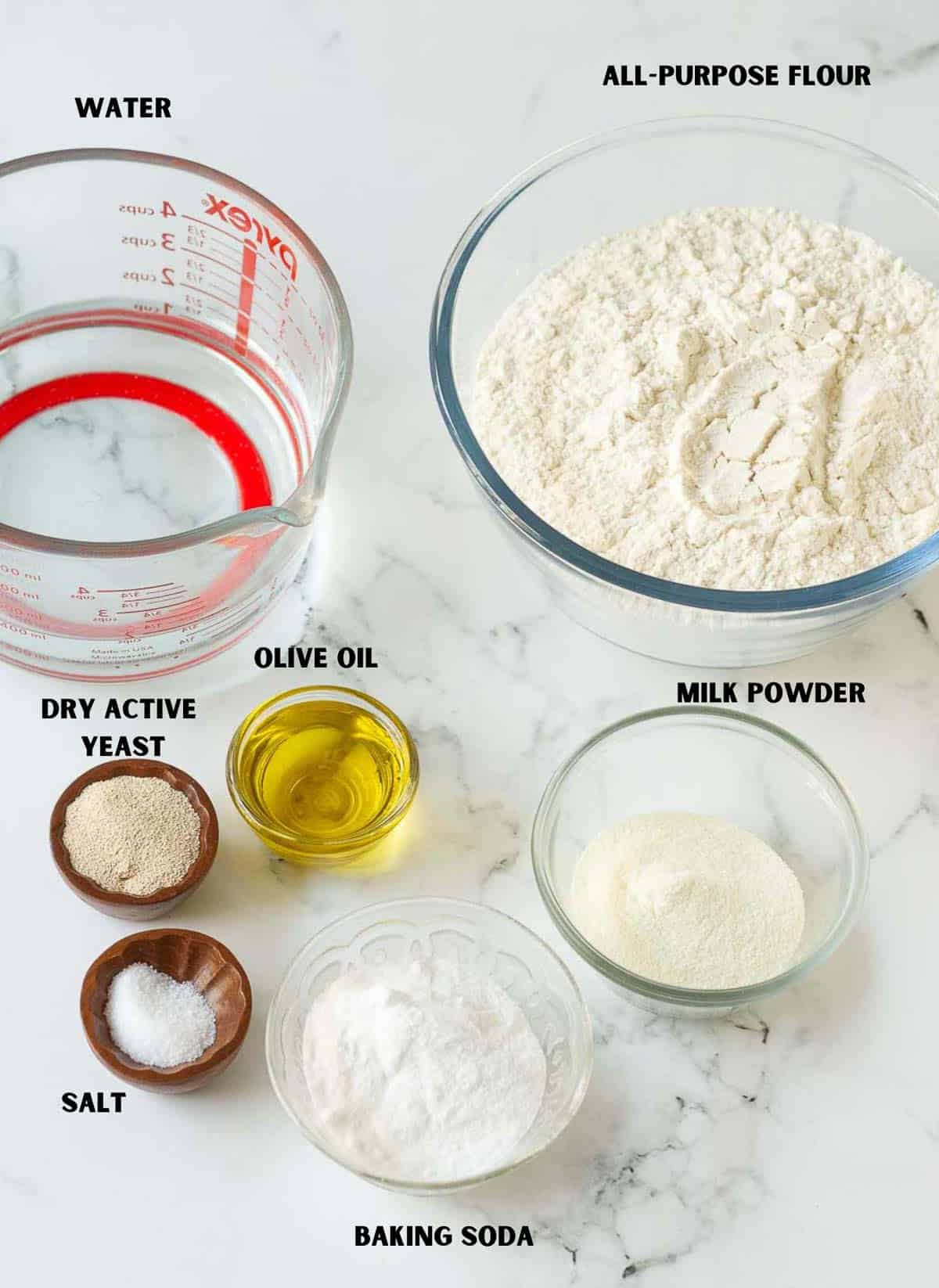 Ingredients for making pretzel rolls.