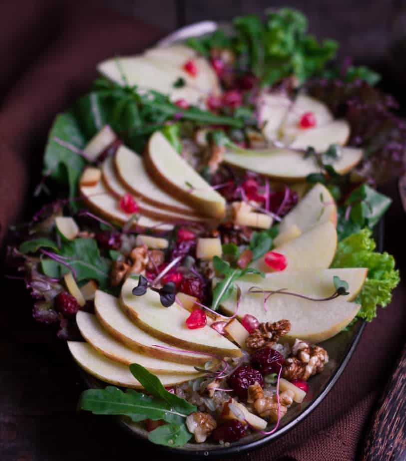 All ingredients for the apple salad on a serving platter.