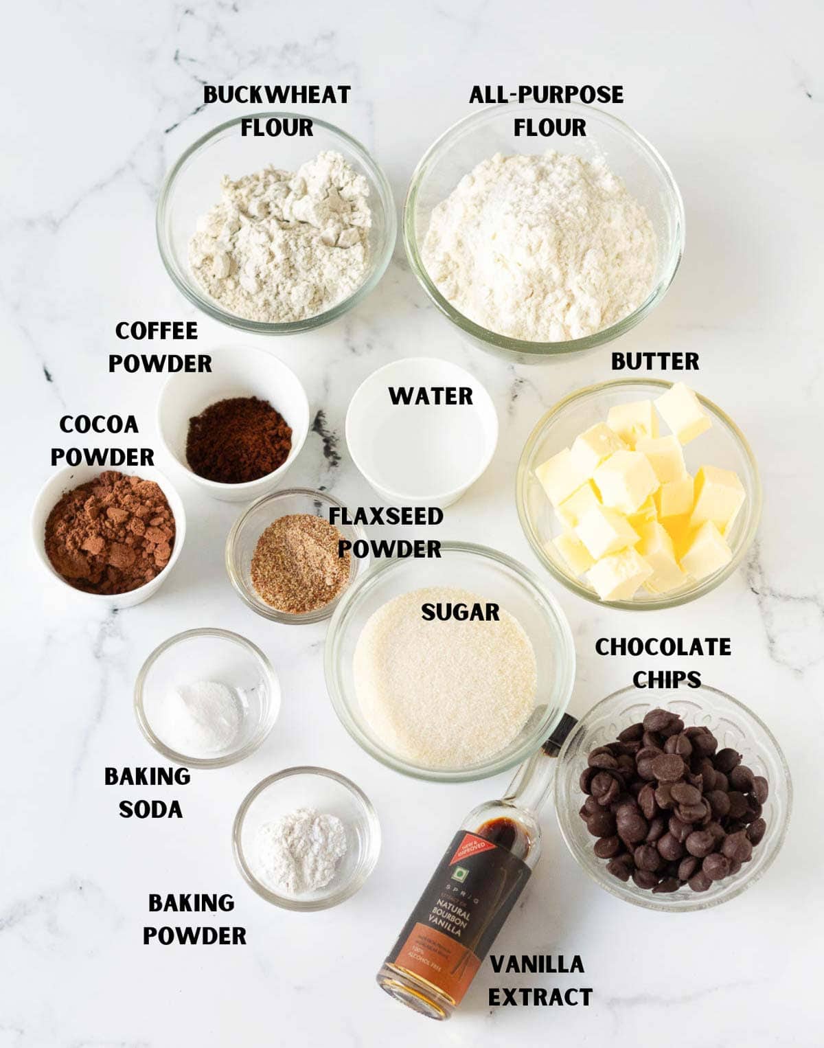 Labelled ingredients for making double chocolate chip cookies.