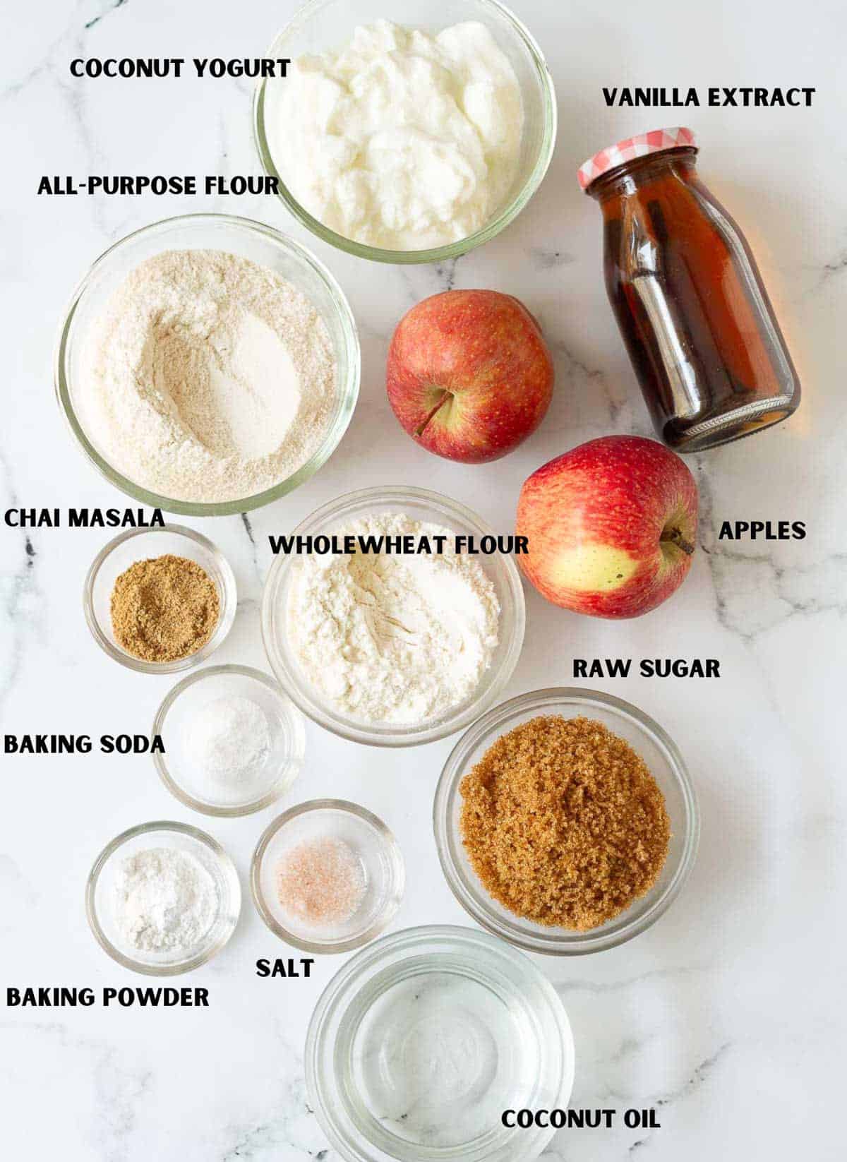 Ingredients for chai spiced apple cake.