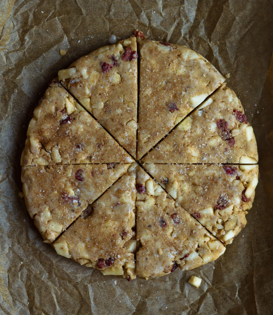 Rolled out scone dough cut into 8 triangles.