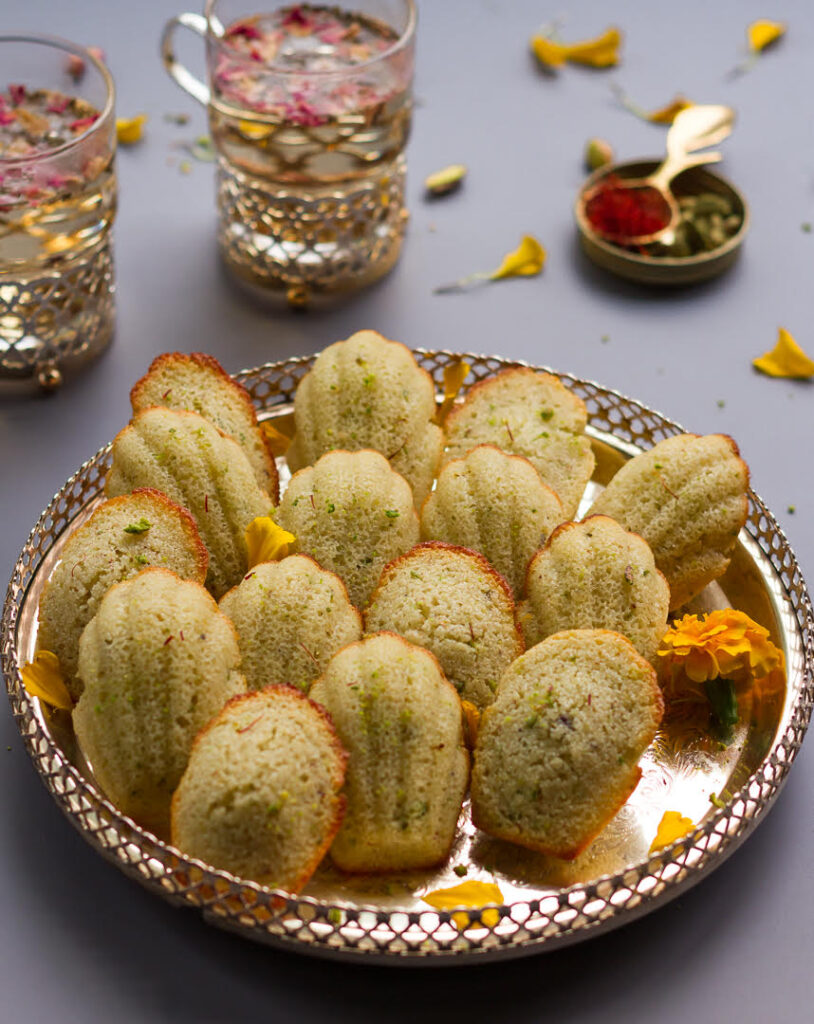 Cardamom Pistachio Madeleines | Easy Eggless Madeleine Recipe