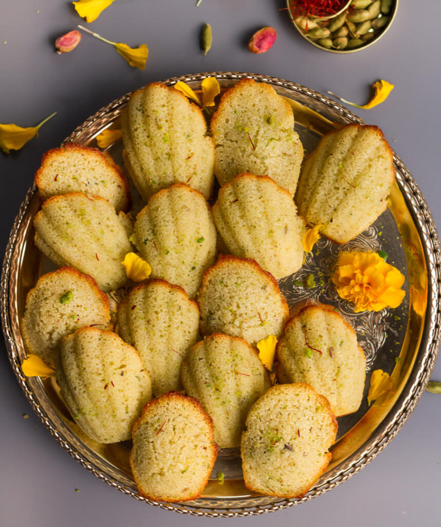 Cardamom Pistachio Madeleines | Easy Eggless Madeleine Recipe