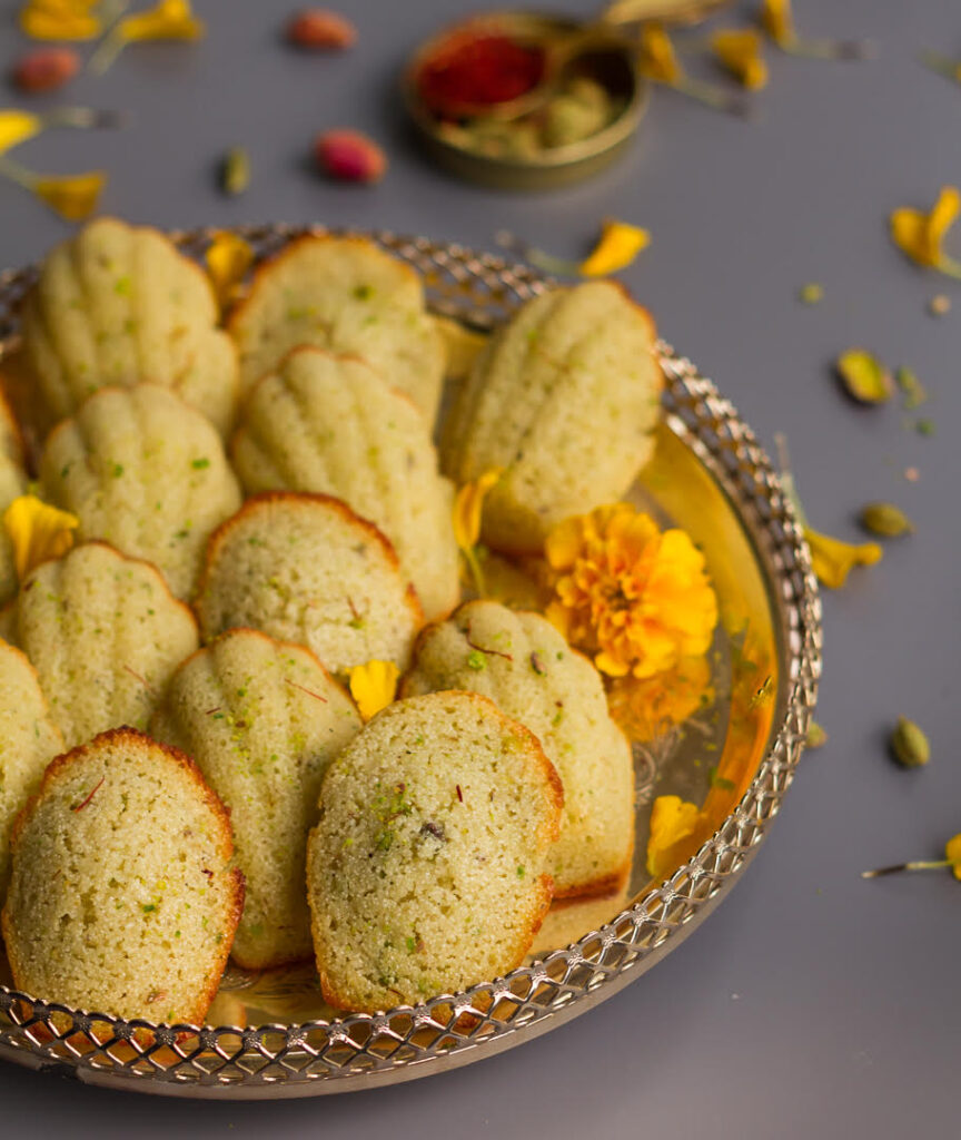 Cardamom Pistachio Madeleines | Easy Eggless Madeleine Recipe