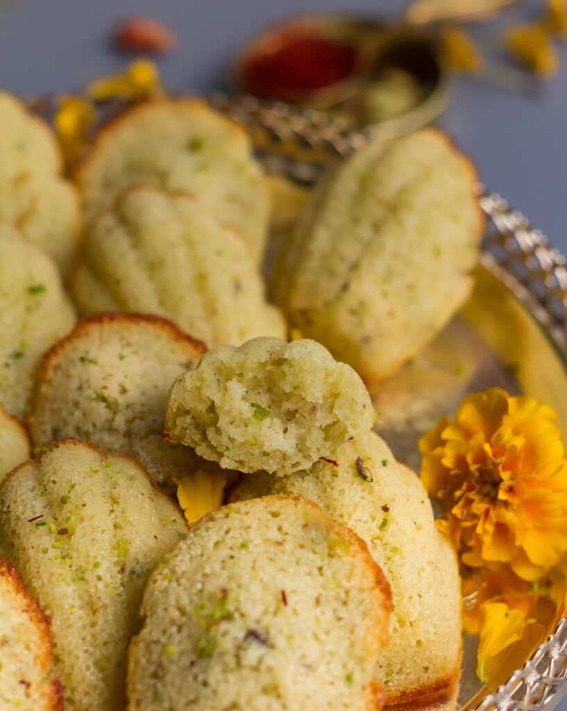 Cardamom Pistachio Madeleines | Easy Eggless Madeleine Recipe
