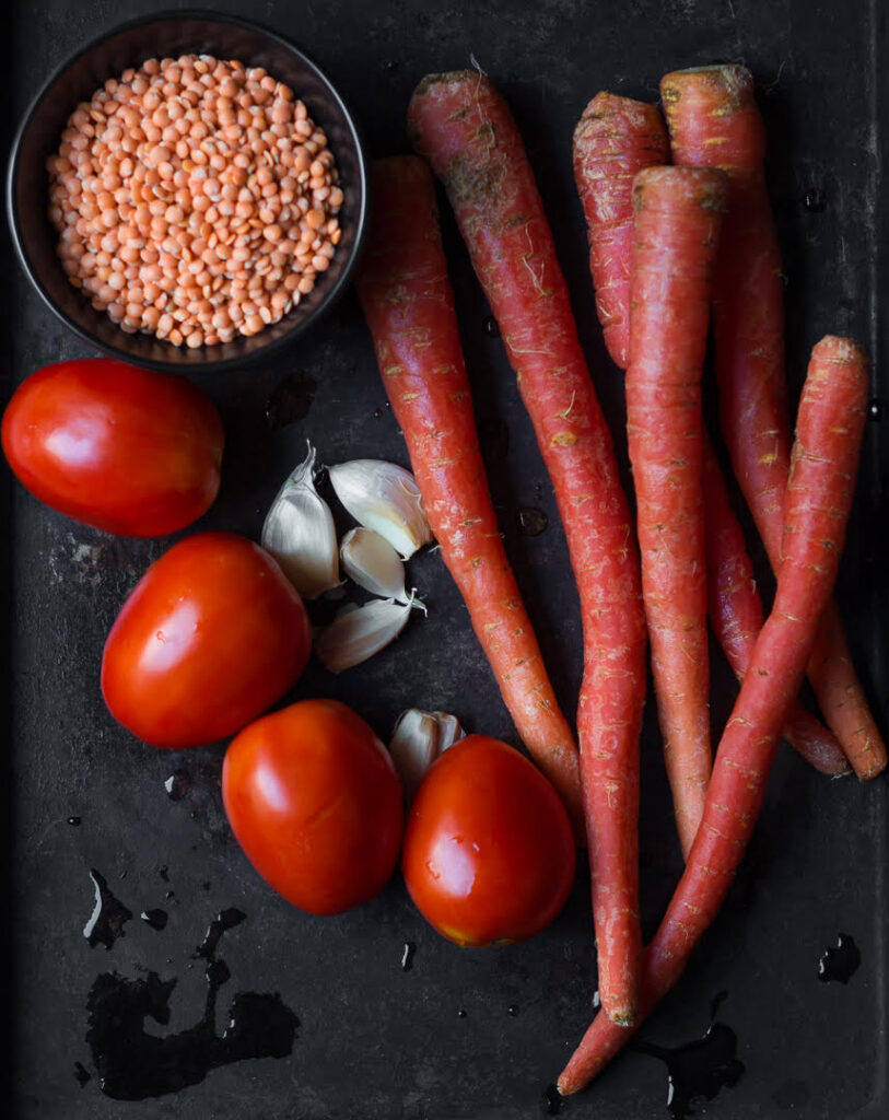 Ingredients for making Roasted Carrot Lentil Soup.