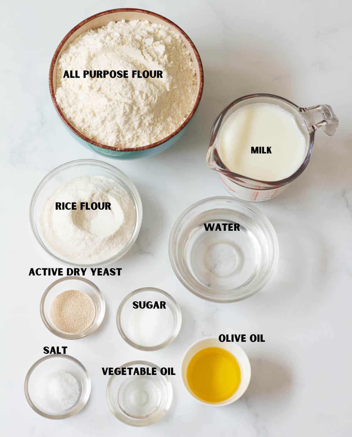 Labelled ingredients for making tiger bread.