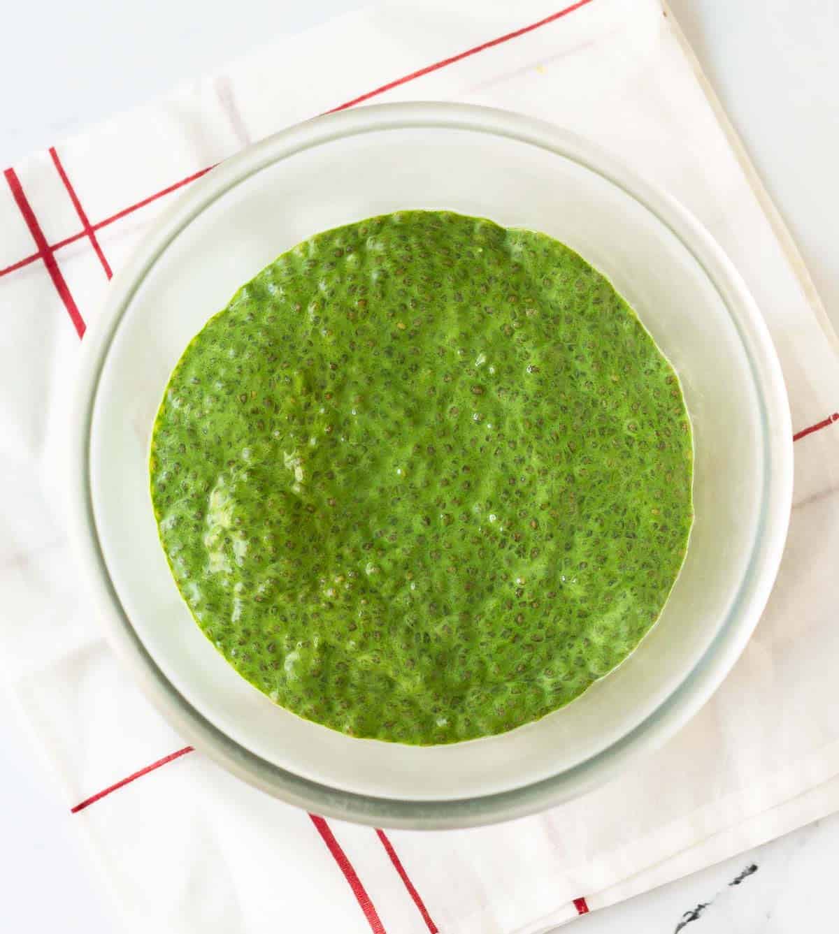 matcha chia pudding in a bowl.