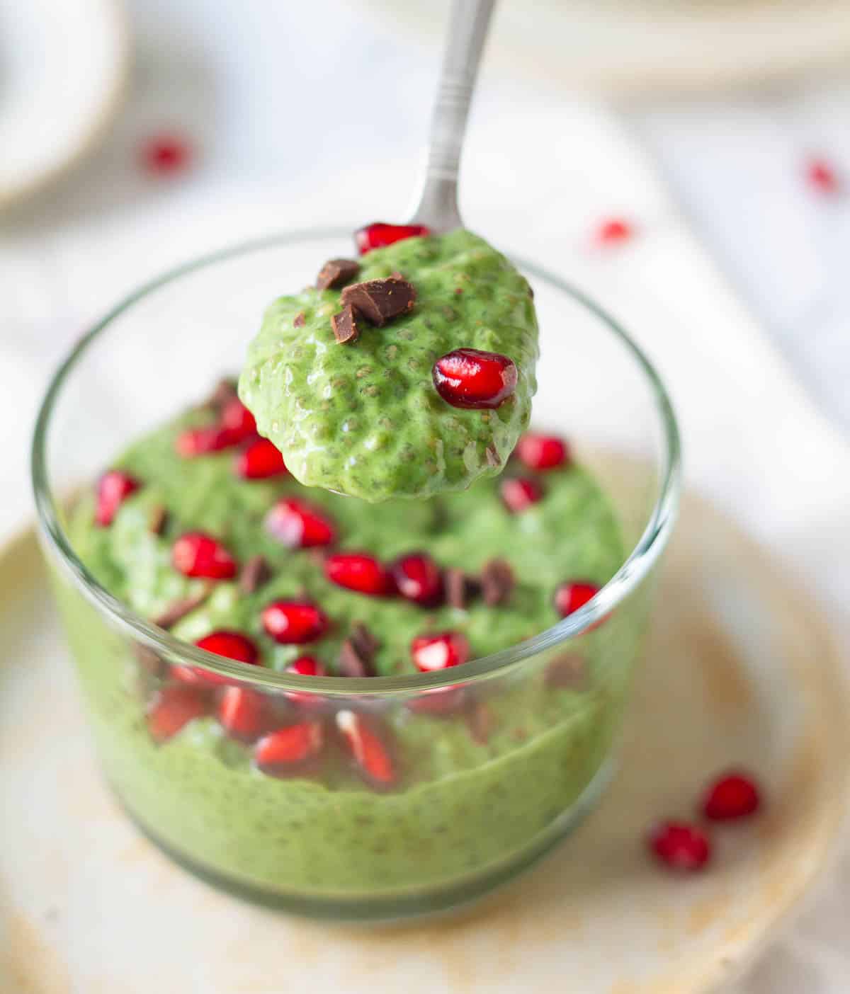 a spoonful of matcha chia pudding to show the texture.