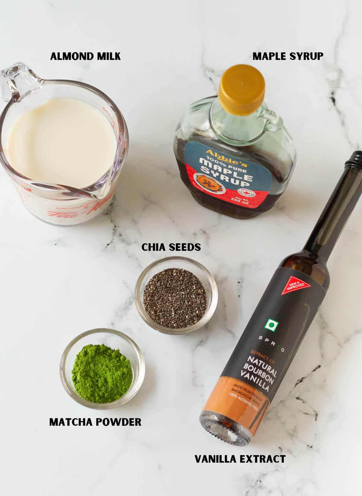 Ingredients for making matcha chia pudding.