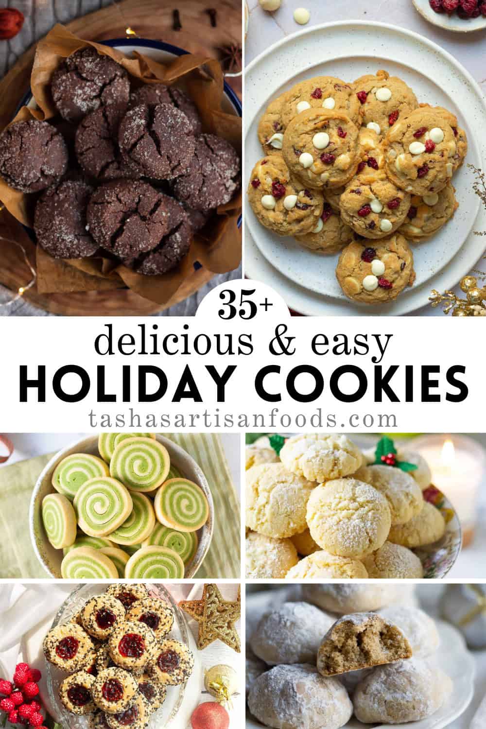 collage of christmas cookies with title 35+ delicious and easy holiday cookies.