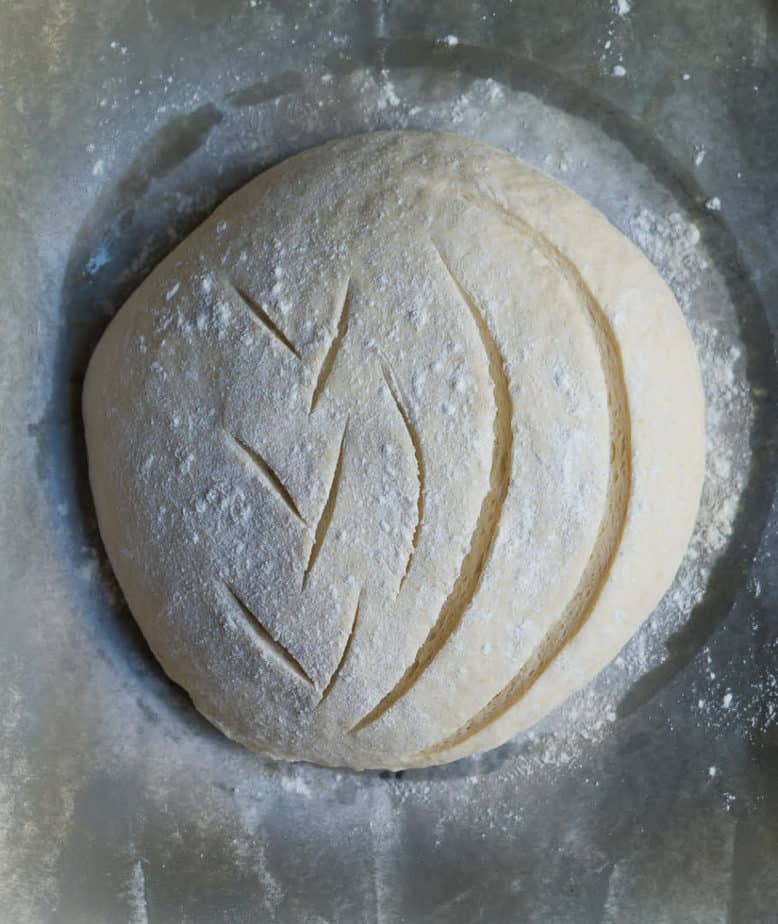 Scored and ready to be baked Easy Sourdough Discard Bread | Easy bread recipe