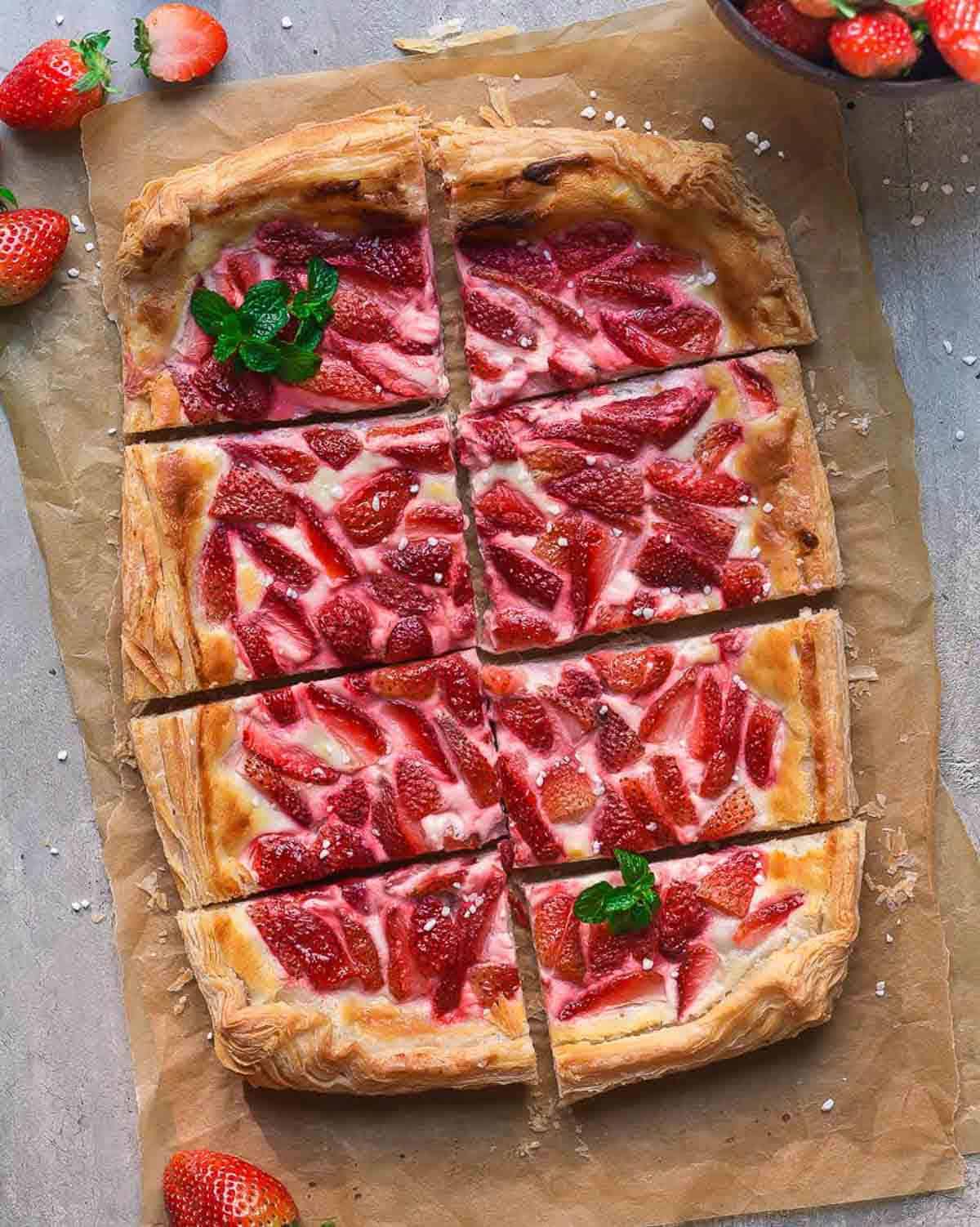 Puff pastry tart cut into 8 pieces on a parchment paper with mint on top.
