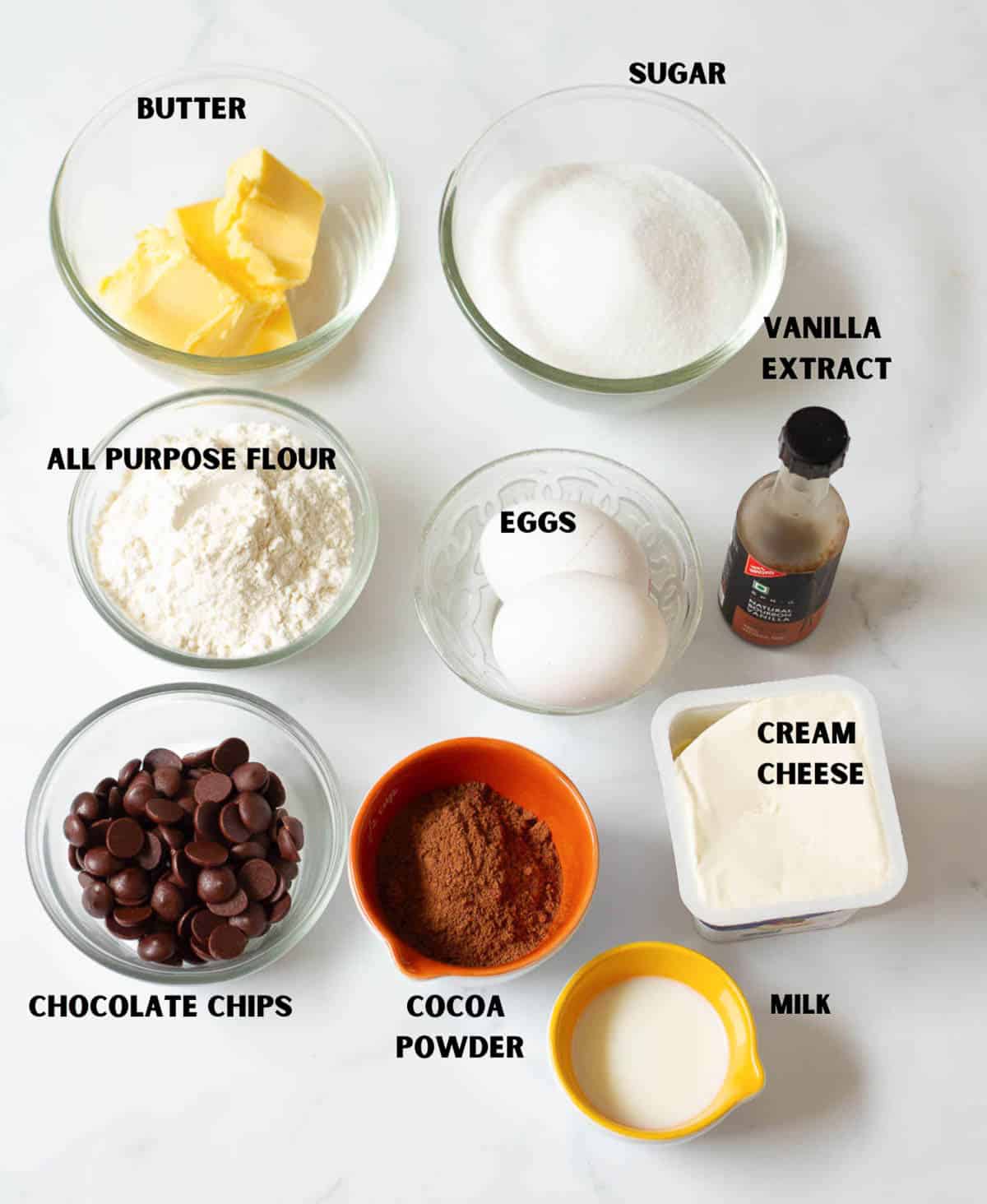 Labelled ingredients for making cheesecake brownies.