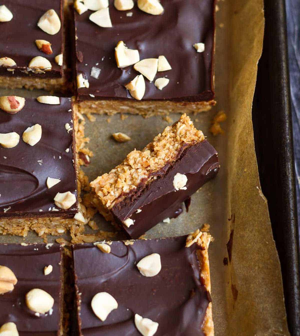 one peanut butter bar placed sideways to show the texture.