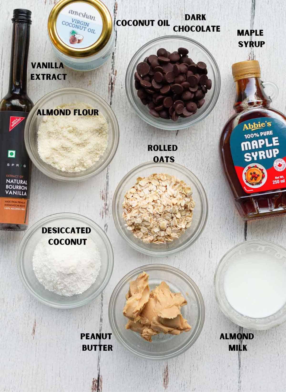 Ingredients for making no-bake chocolate peanut bars.