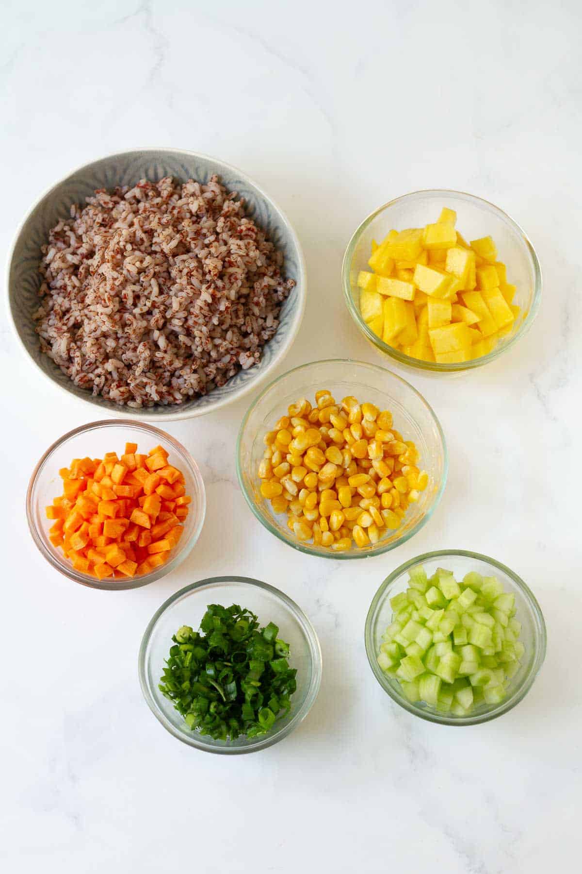 Red rice, carrots, cucumbers, mango, corn and green onions in bowls.