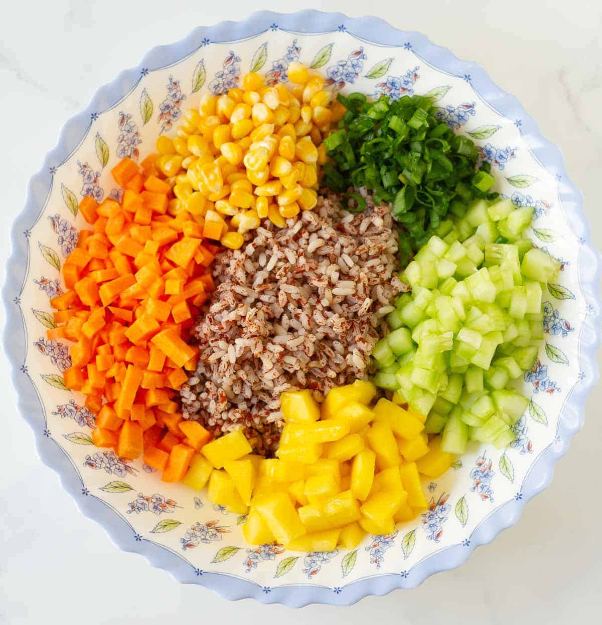 Chopped vegetables and red rice in a big bowl.