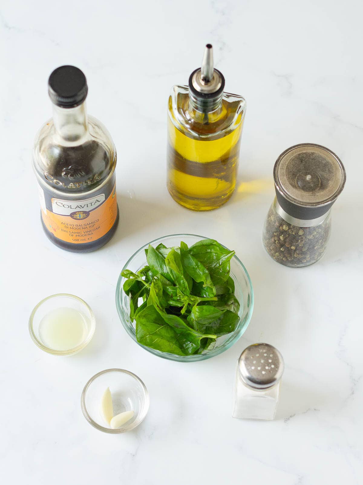 Ingredients for making basil vinaigrette.