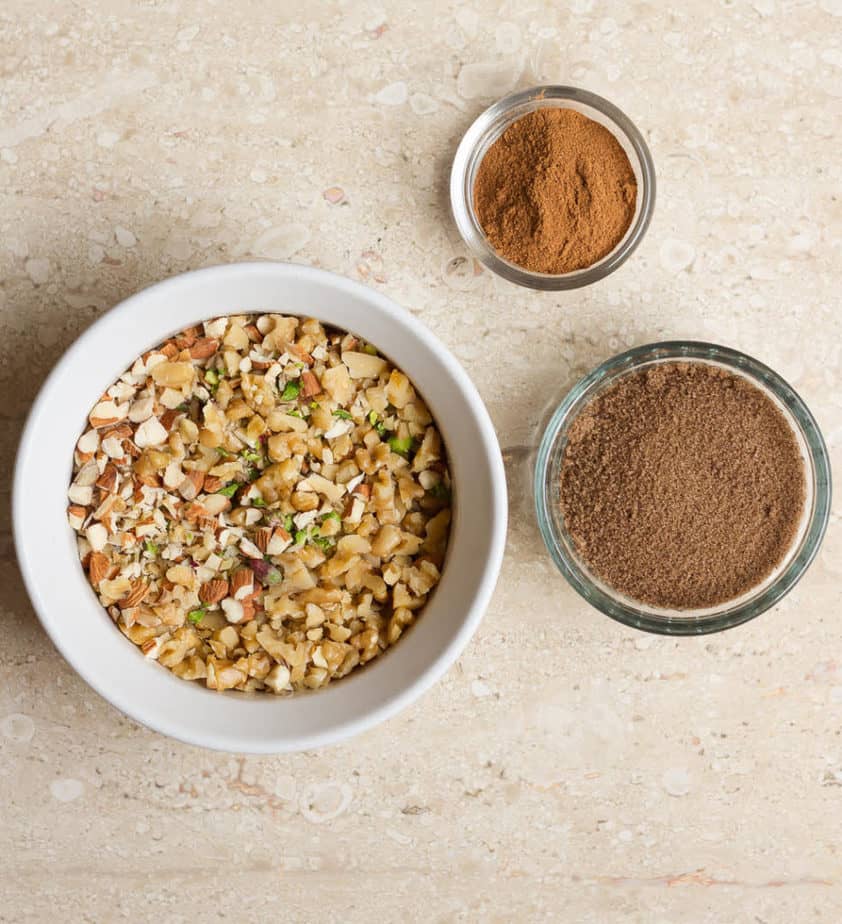 Filling ingredients for Baklava Cinnamon Rolls | Eggless easy cinnamon rolls with baklava flavors