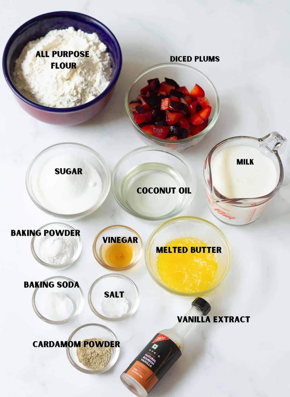 Labelled ingredients for making plum muffins.