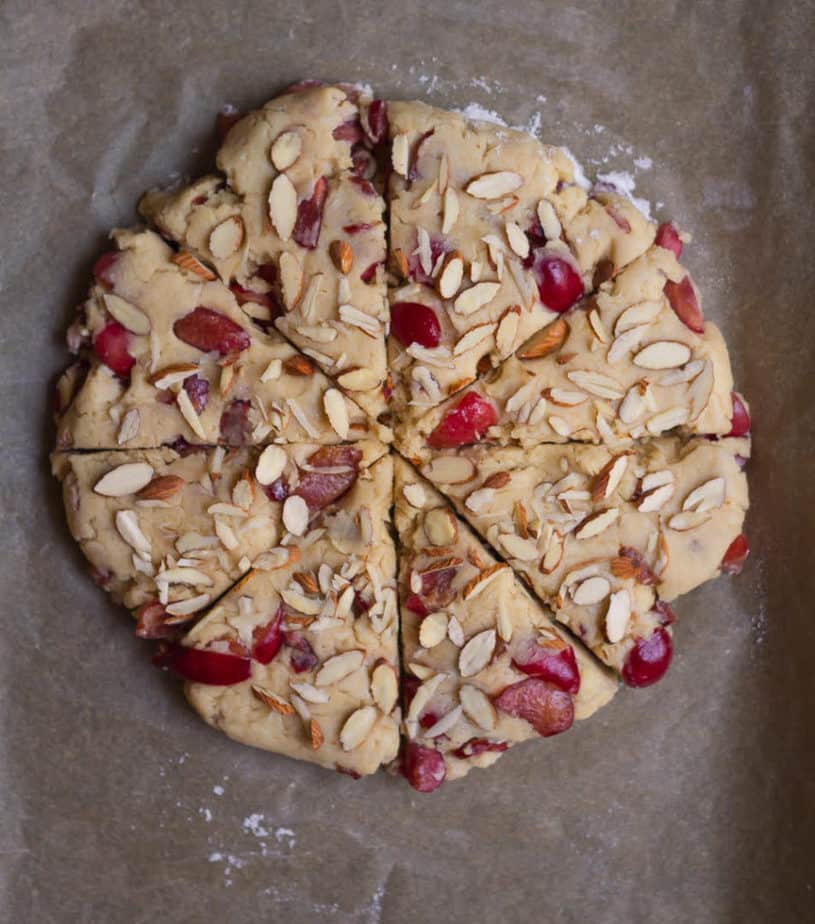 Ready dough for baking Cherry Almond Scones | Easy eggless cherry almond scones recipe