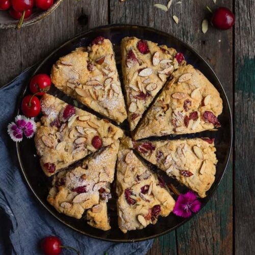 Cherry Almond Scones | Easy eggless cherry almond scones recipe