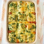 Baked garlic cheese bread in a baking dish.