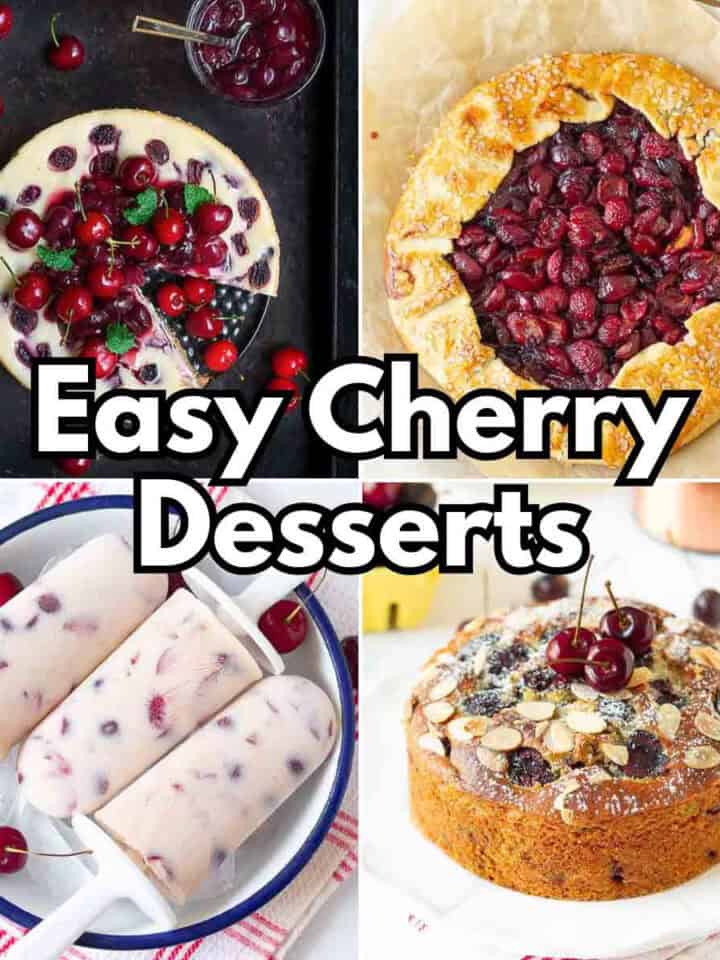 A picture collage of cherry cheesecake, cherry galette, popsicles and cake.