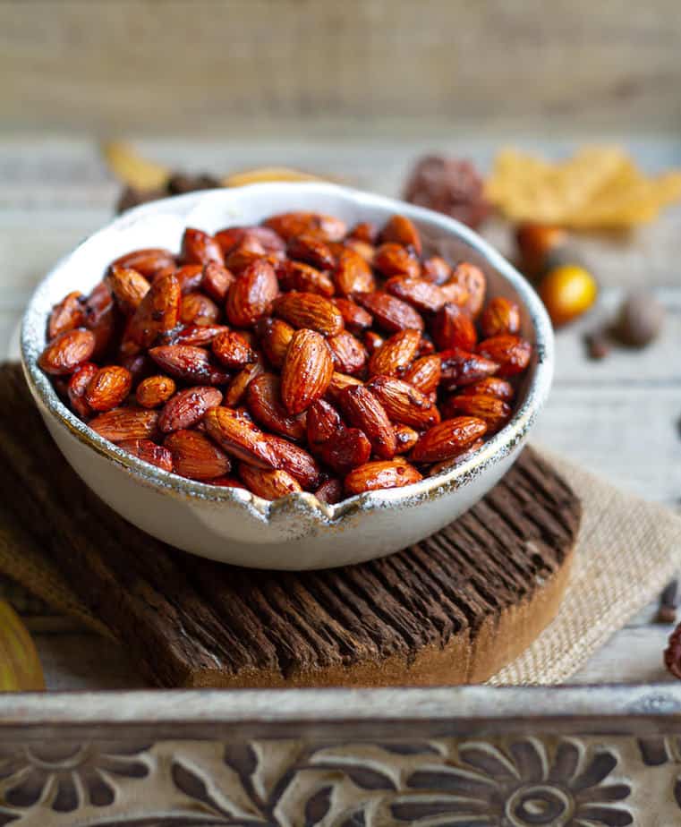 Pumpkin Pie Spiced Almonds in a small bowl.