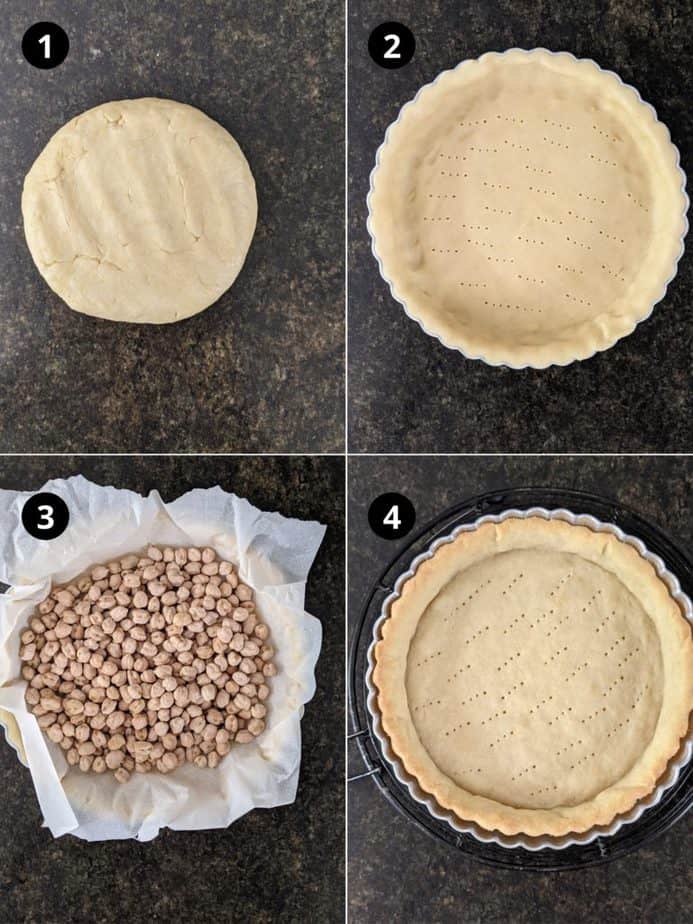 Steps for rolling and blind-baking pastry for making mushroom quiche.