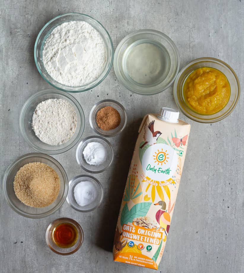 Ingredients for making vegan pumpkin madeleines.
