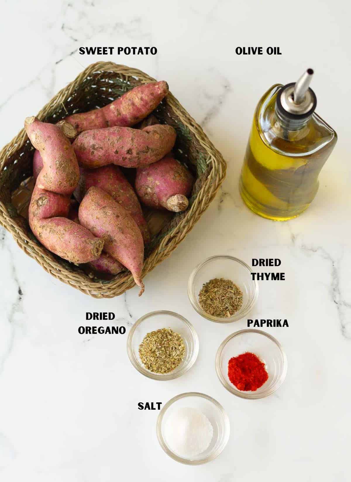 Labelled ingredients for making baked sweet potato fries.