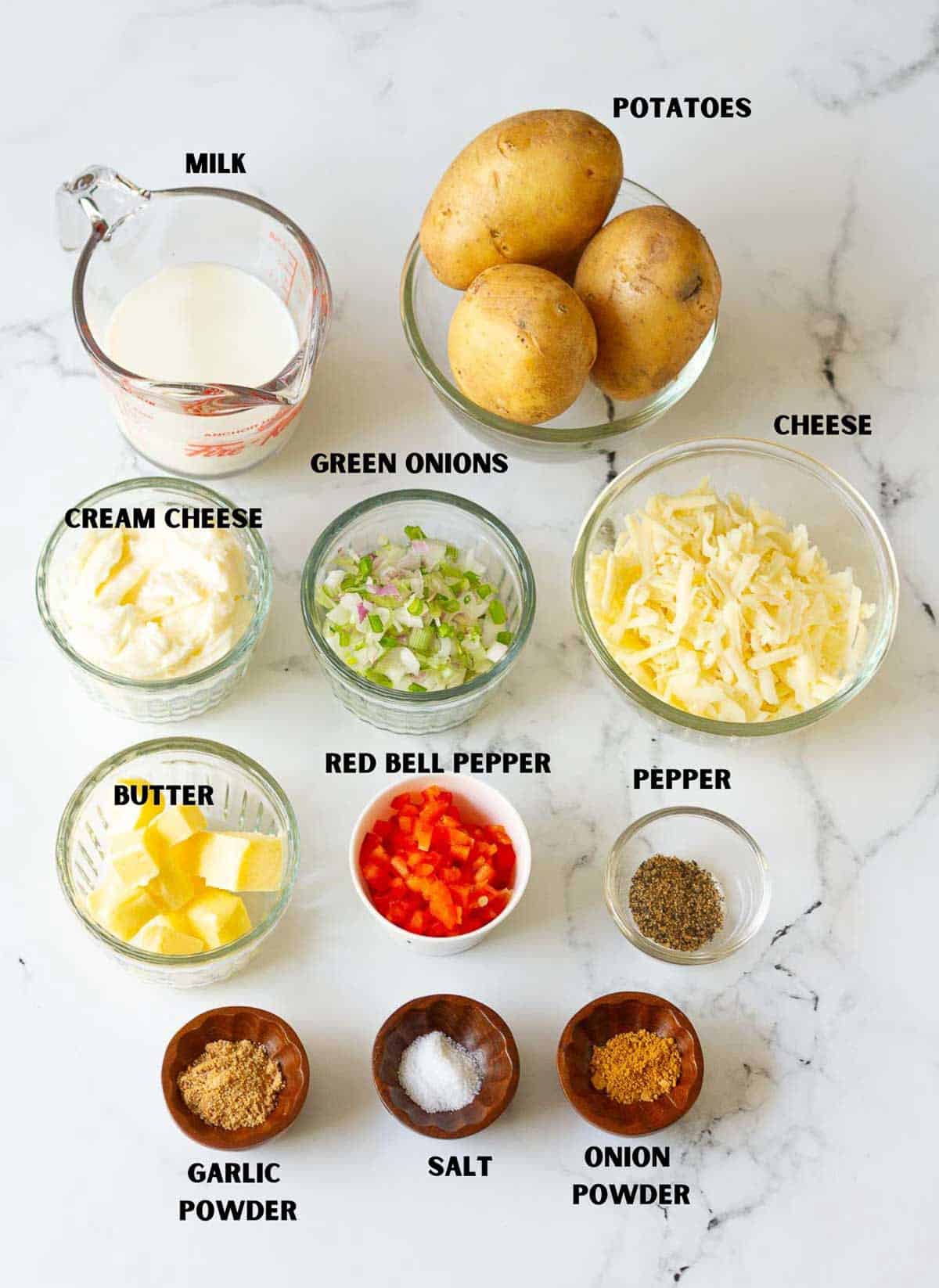 Labelled ingredients for making twice baked potatoes.