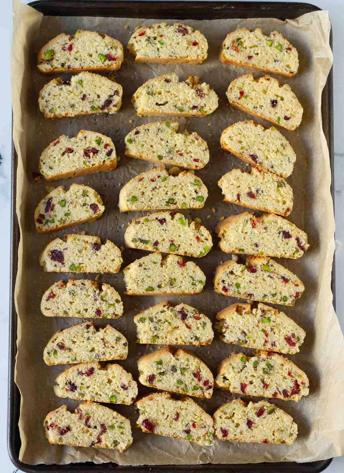 sliced biscotti on a parchment-lined tray.