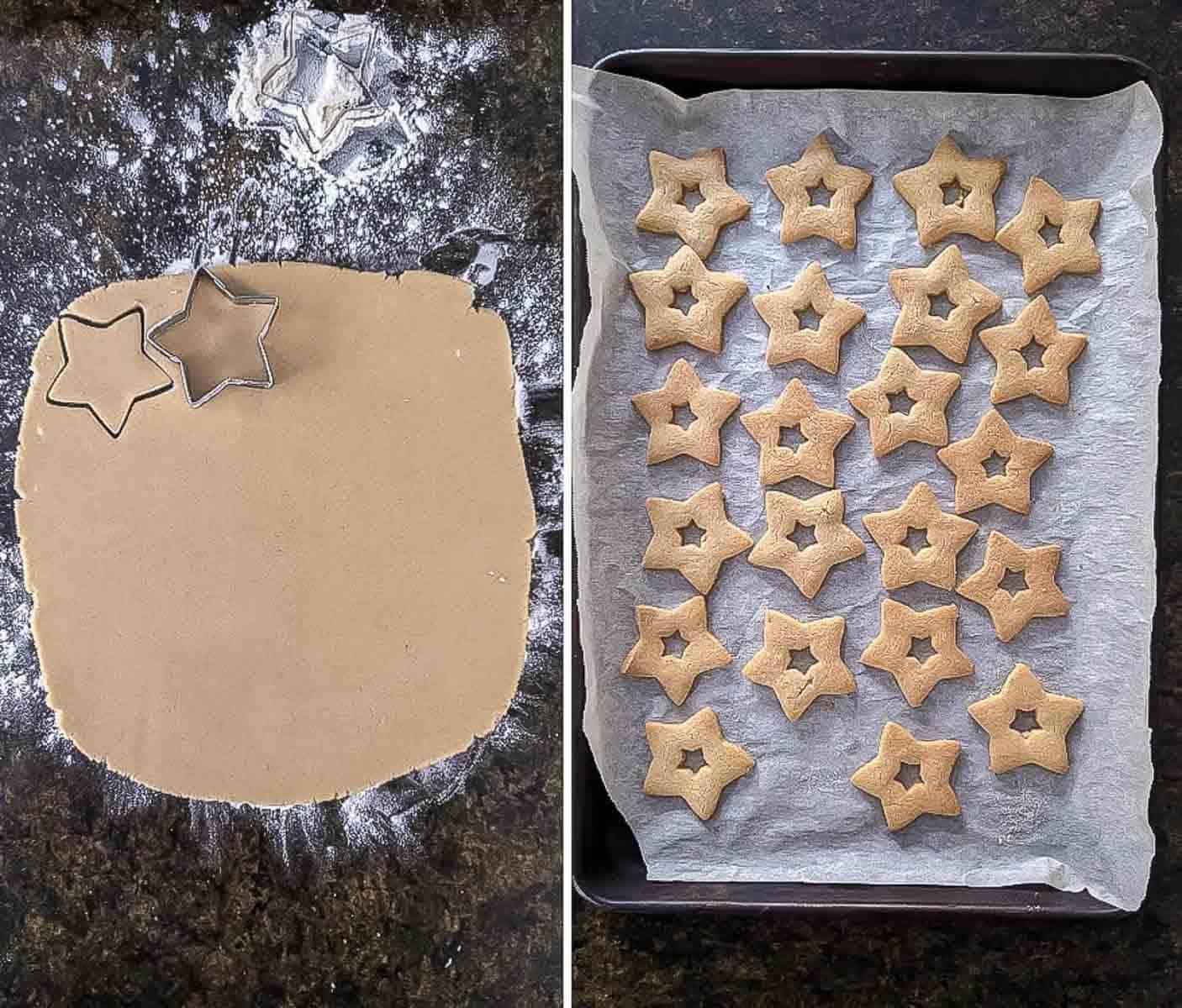 rolled out dough with cookie cutter and cutout star cookies on a baking tray.