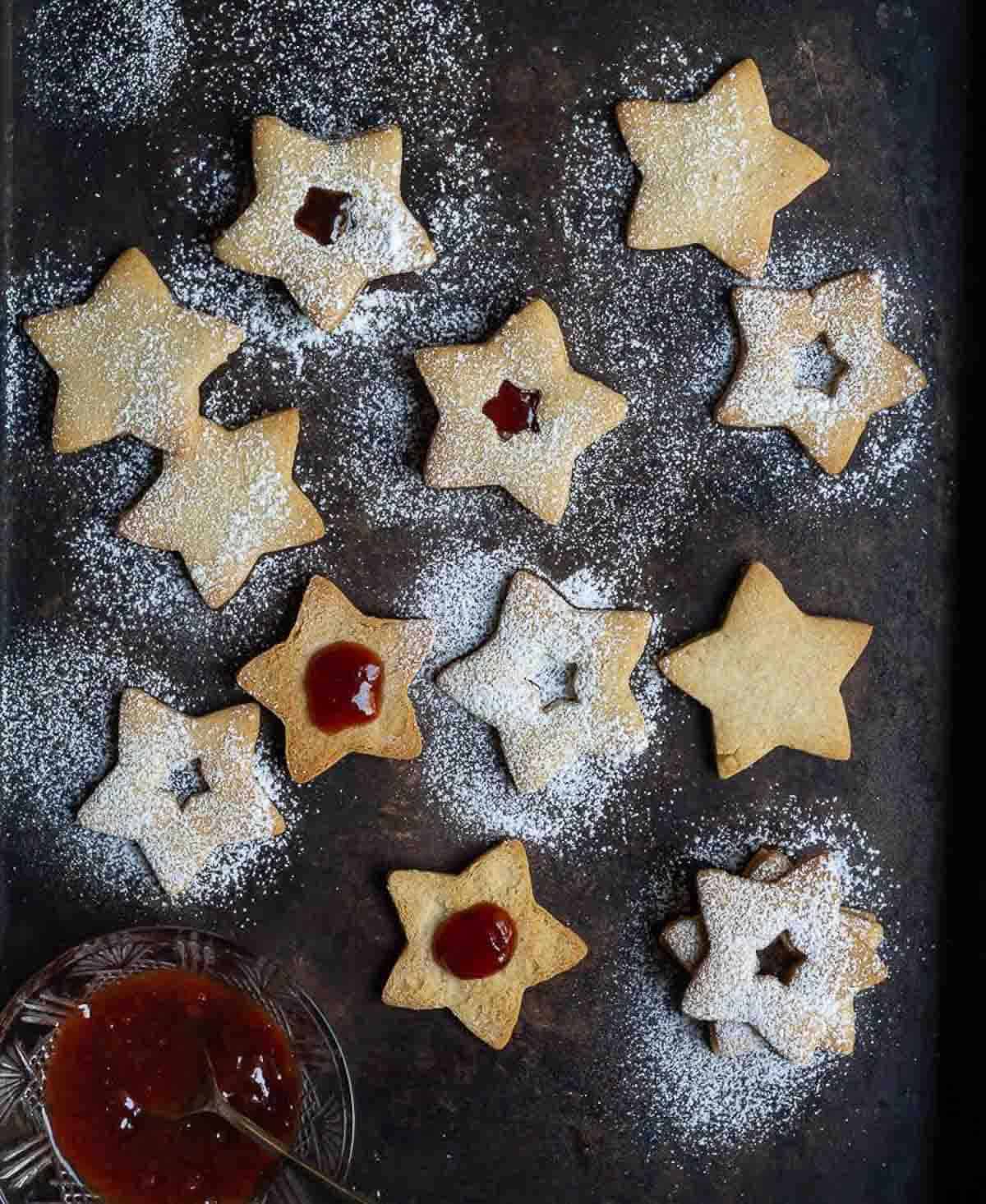 star-shaped linzer cookies with jam filling.