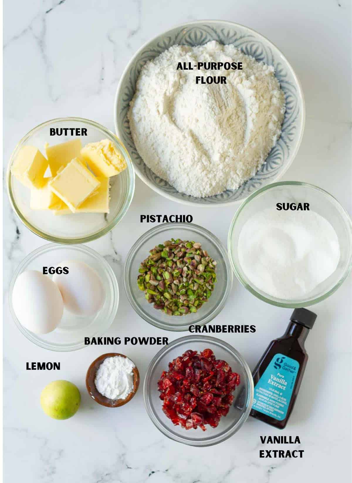 ingredients for cranberry pistachio biscotti.