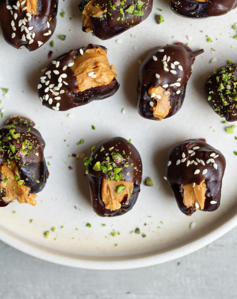 Peanut Butter Stuffed Dates on a plate.