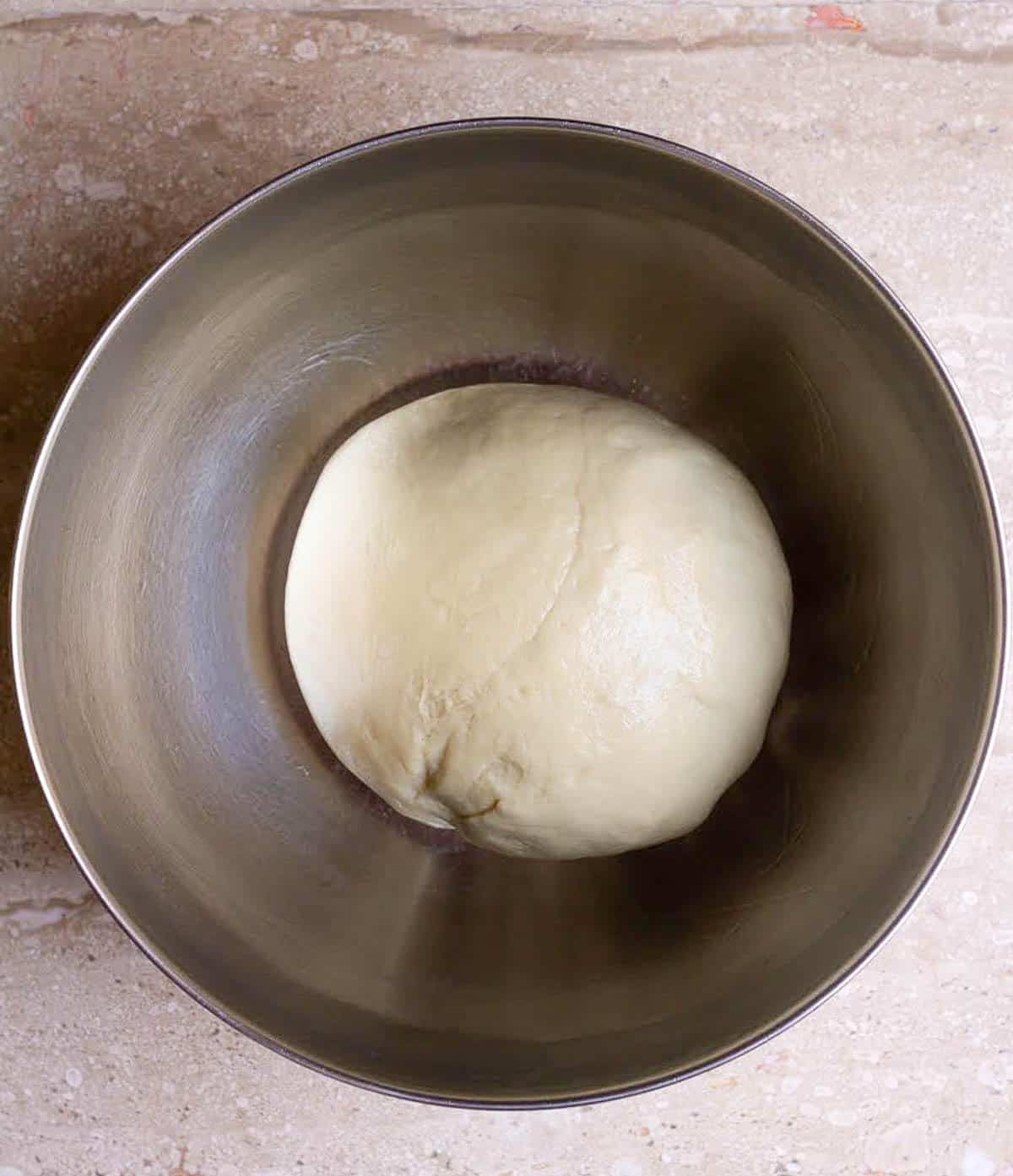 Bread dough in a stainless steel bowl.