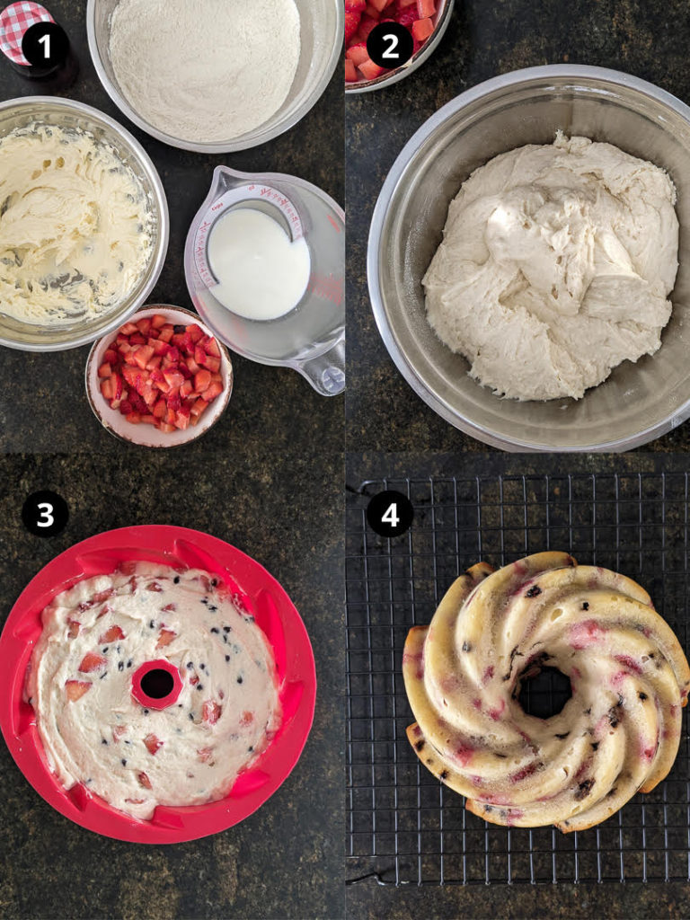 Steps for making Strawberry Cream Cheese Pound Cake.