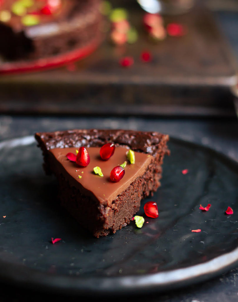 A slice of chocolate cake on a small plate.
