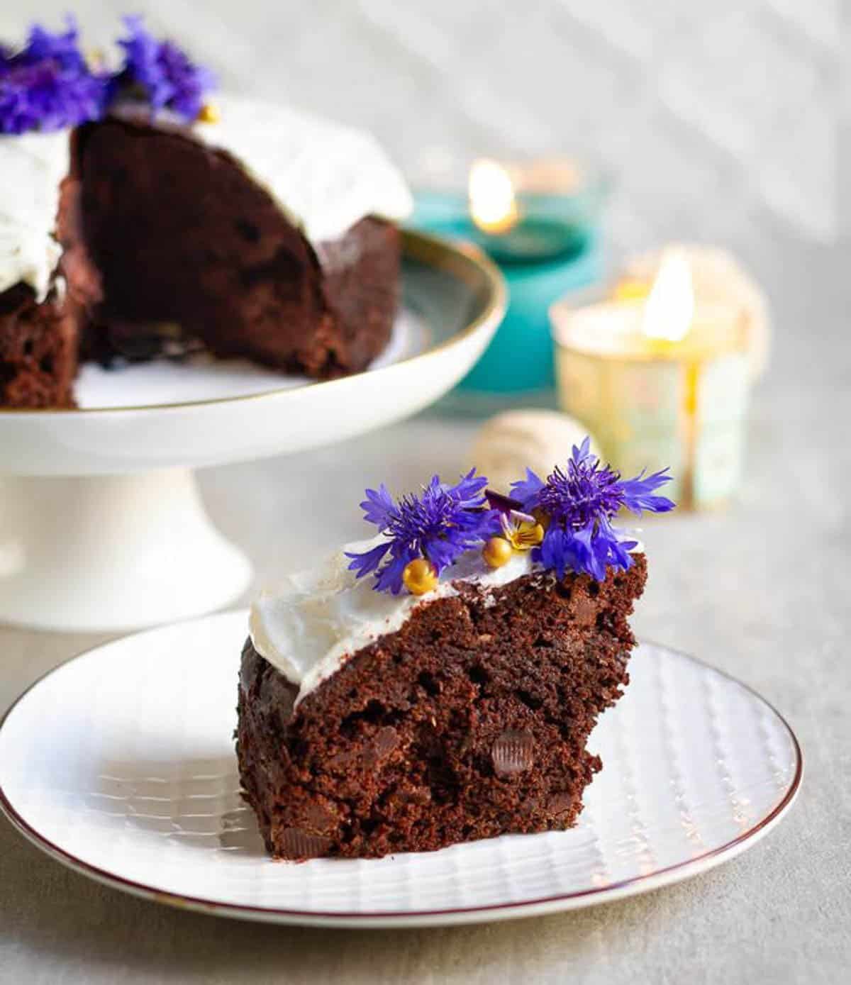A slice of chocolate cake on a small plate.