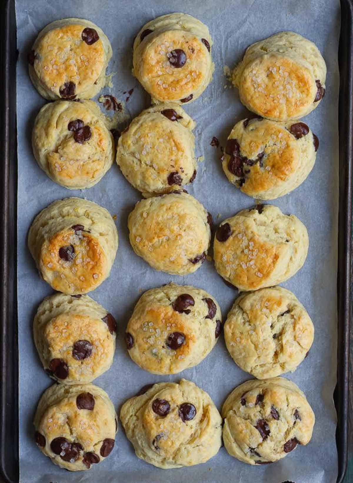 Baked scones on parchment paper.