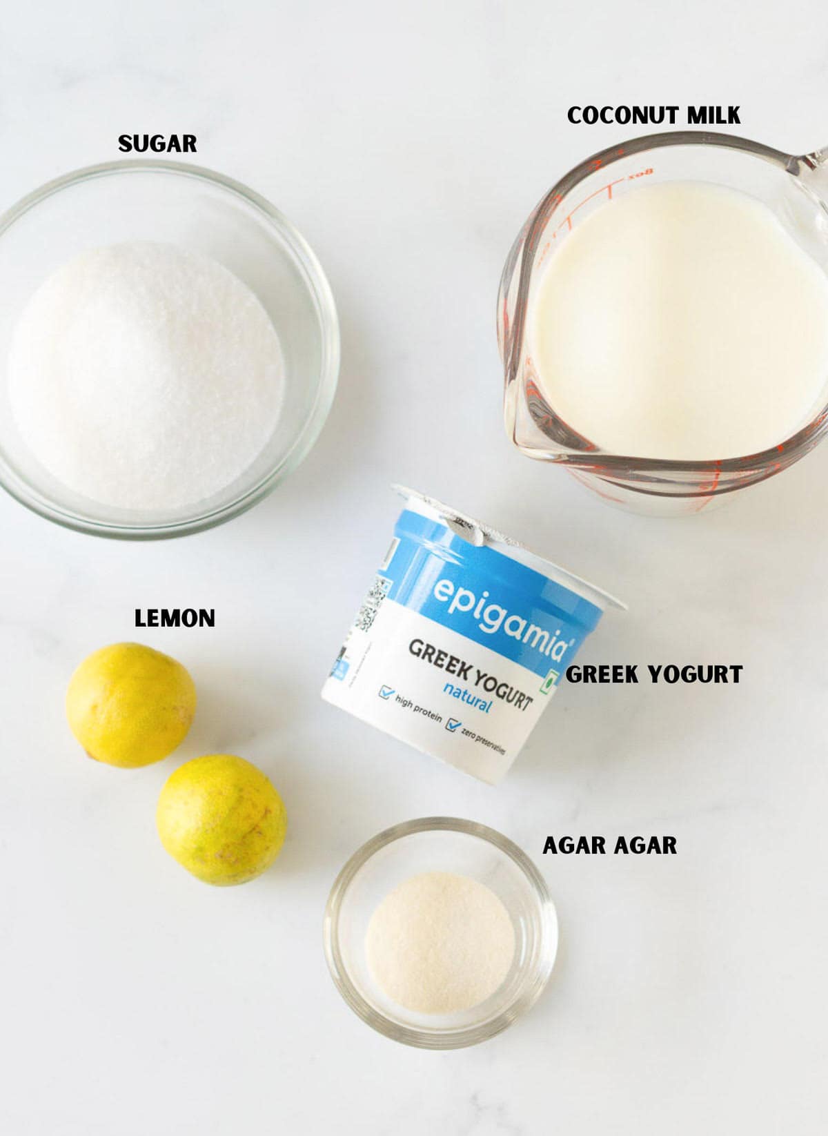 labelled ingredients for making lemon panna cotta.