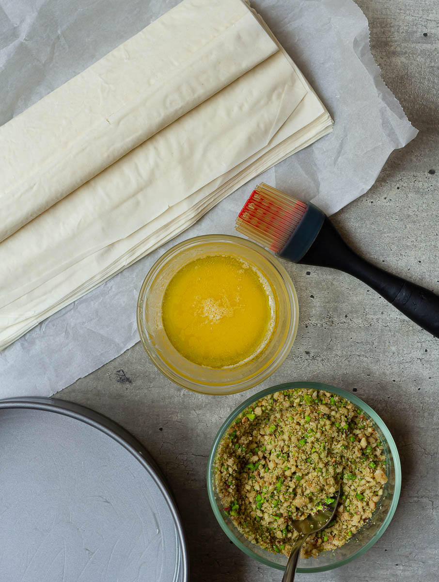 Phyllo pastry, melted butter, chopped nuts, cake pan, and a pastry brush.