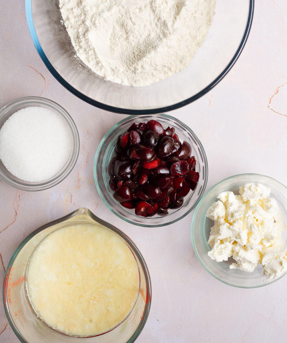 Ingredients for making cherry cheesecake muffins.