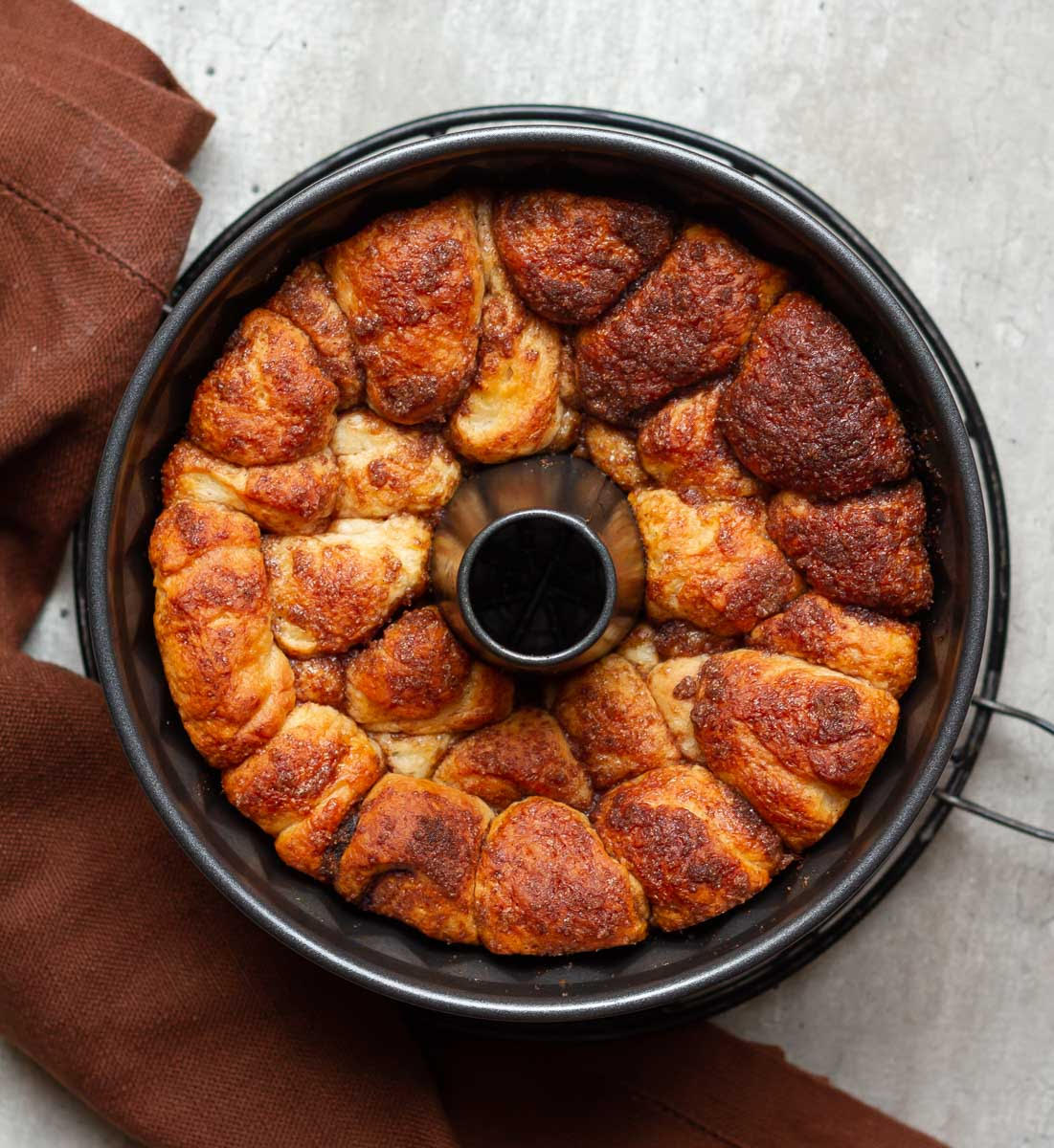 baked monkey bread in a bundt pan.