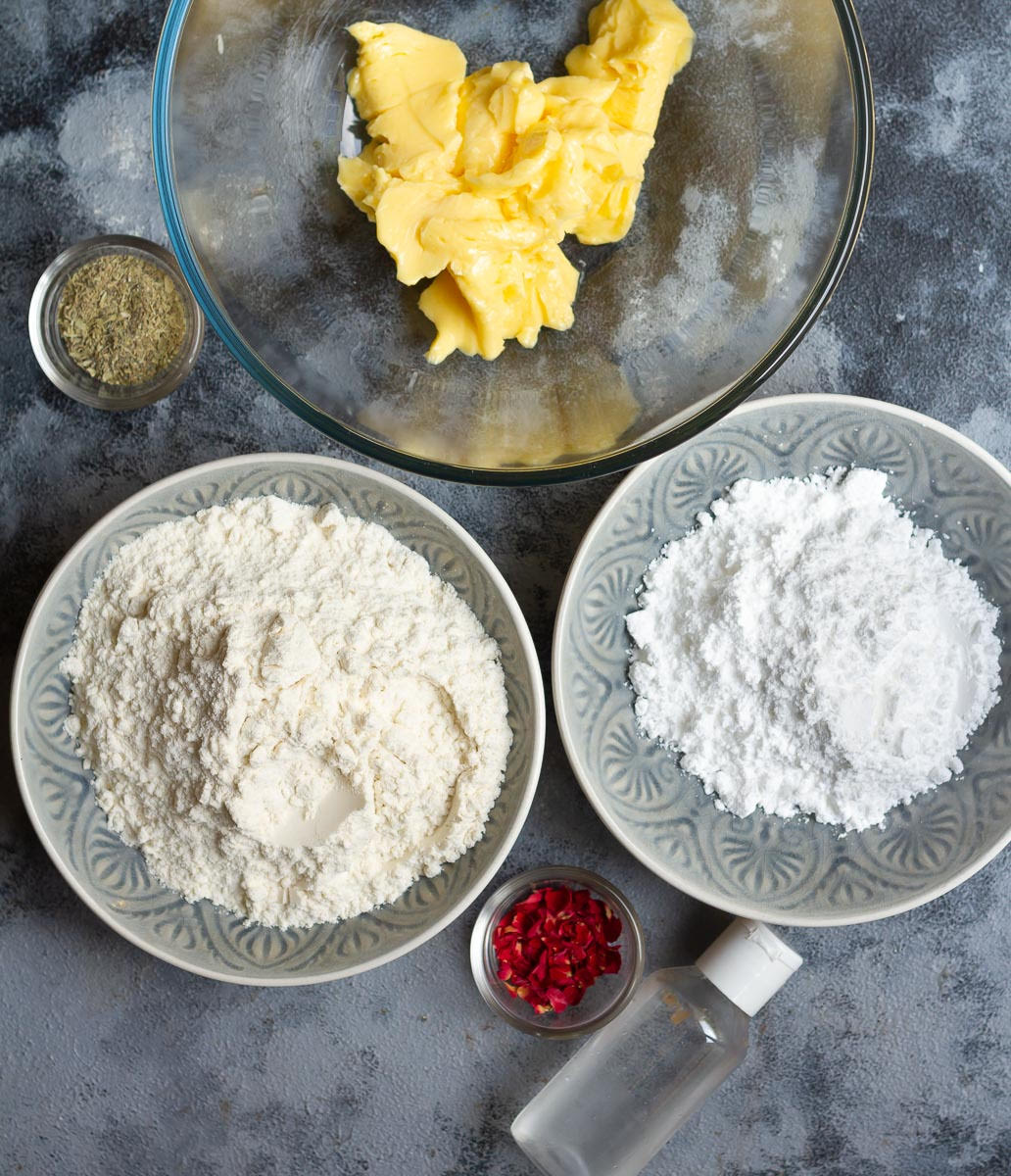 Ingredients for making Eggless Rose Shortbread Cookies | Rosewater Shortbread Cookies